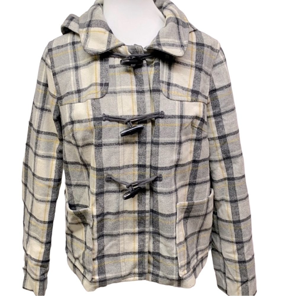 Old Navy Plaid Hooded Tiger Tooth Buttons Wool Jacket